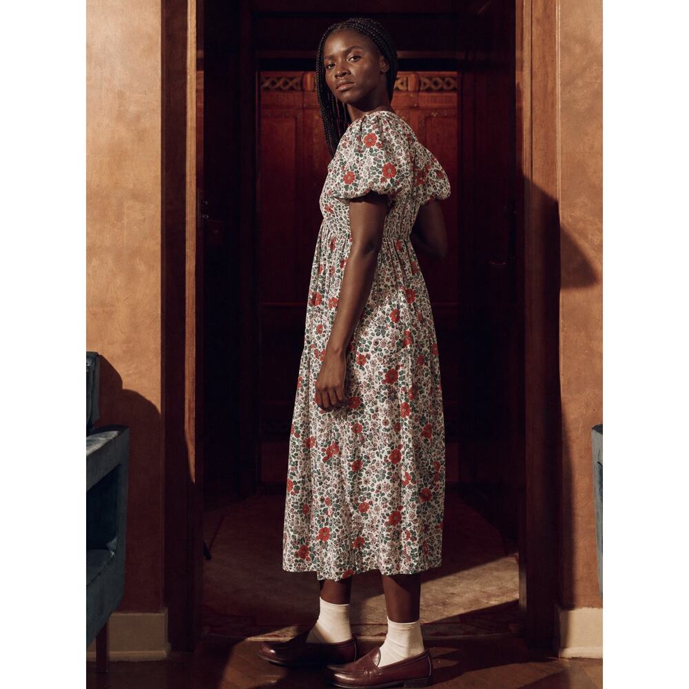 The Great. The Gallery Dress Size 1 Ivory Red Floral Puff Sleeve Cotton Maxi - Picture 2 of 11